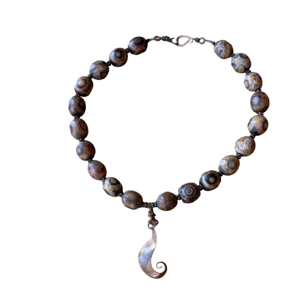 Handcrafted Beaded Necklace Tibetan Beads & Copper Swirl Pendant